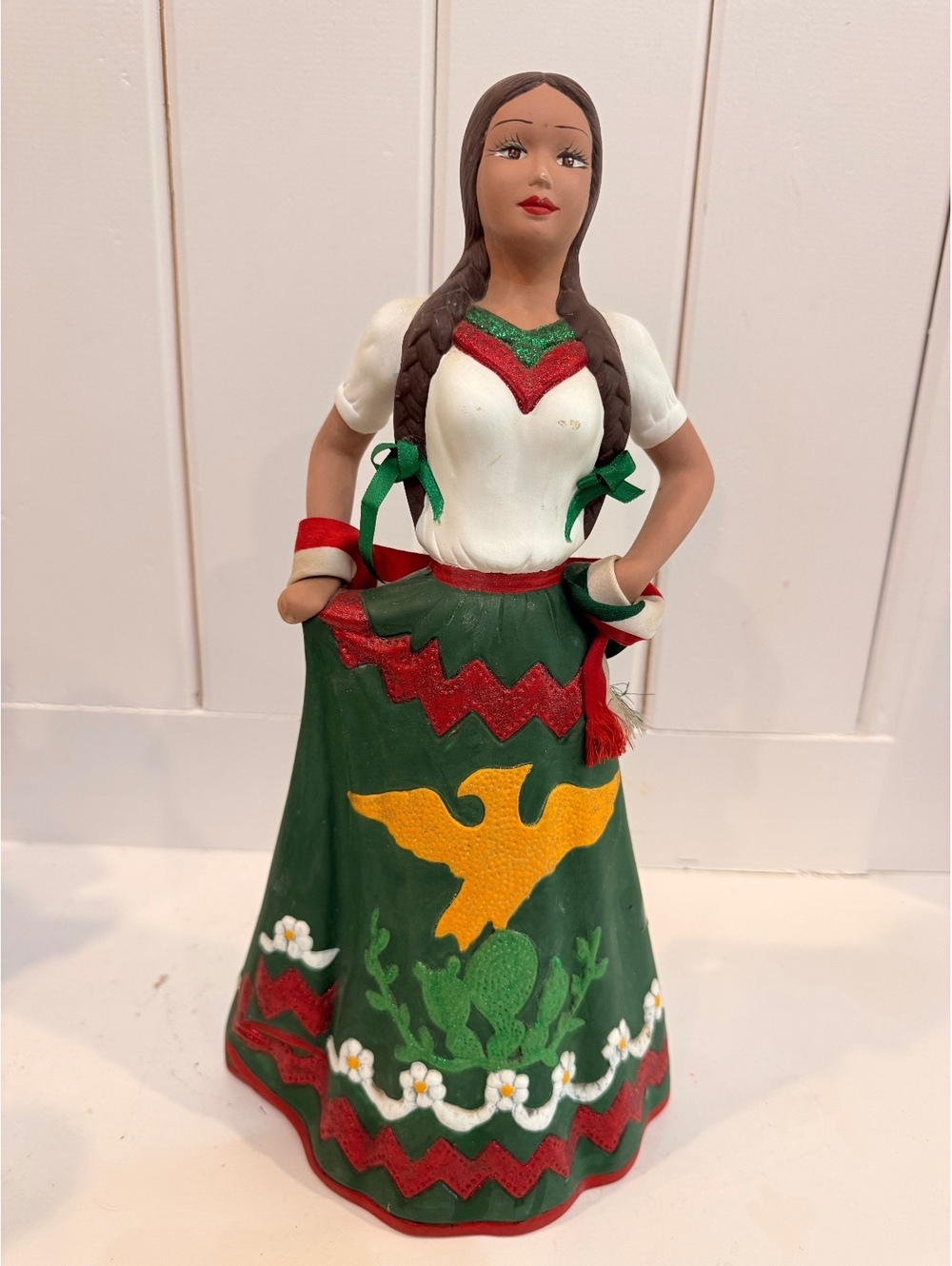 Hand-Painted Mexican Pottery Figurine of Woman in Traditional Dress - Folk Art
